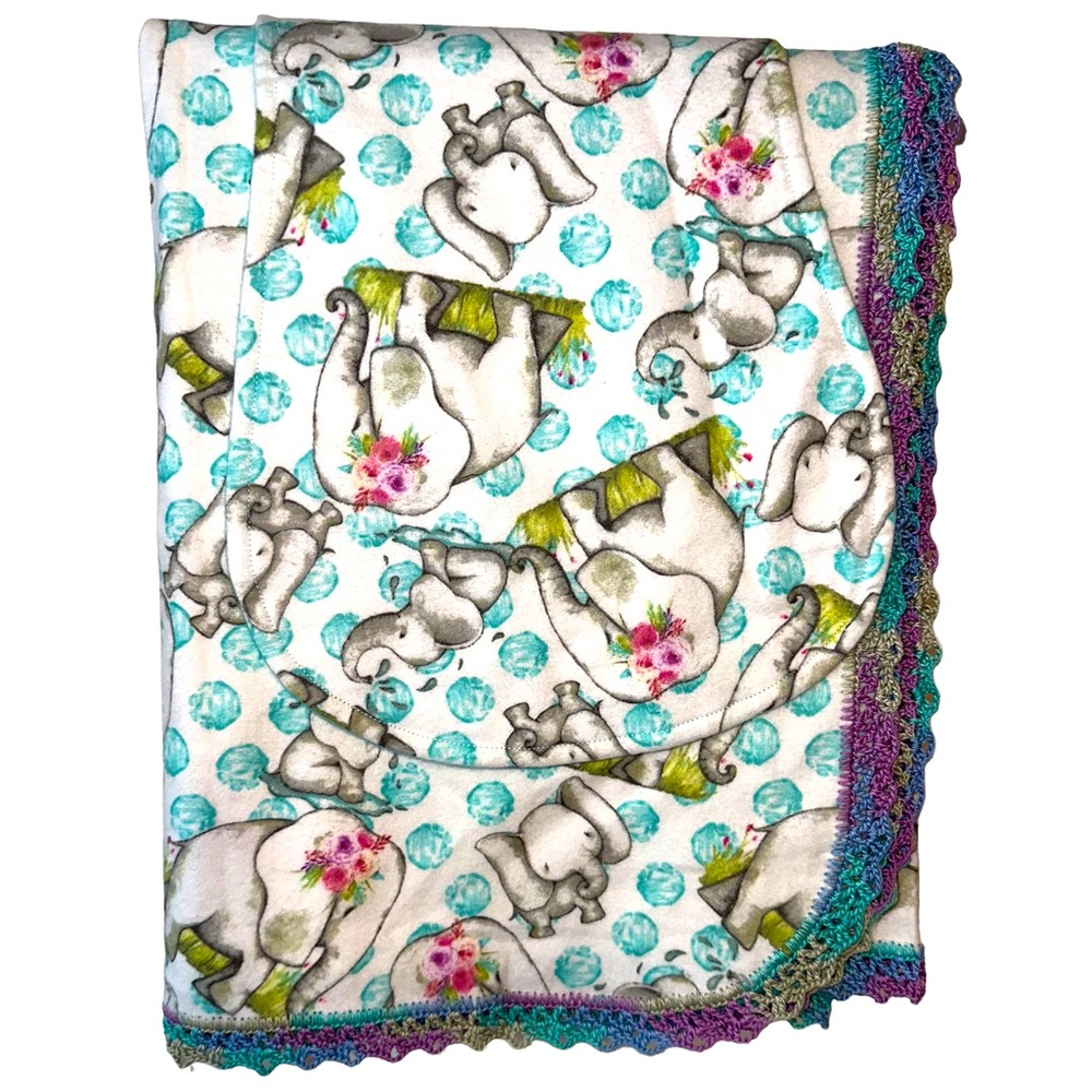Crocheted Edge Flannel Baby Receiving Blanket & Burp Cloth Set Elephants